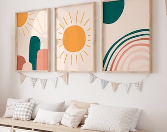 Boho Nursery Wall Art - Rainbow, Sunshine, Nature Set