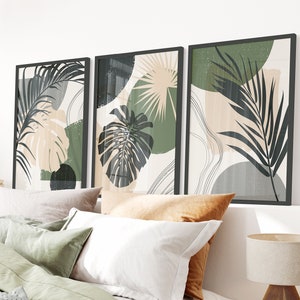 Stampe da parete botaniche, arte da parete boho, decorazioni da parete nordiche, stampe per soggiorno, set di 3 stampe, verde scuro, beige, grigio, nero, decorazioni per la casa boho