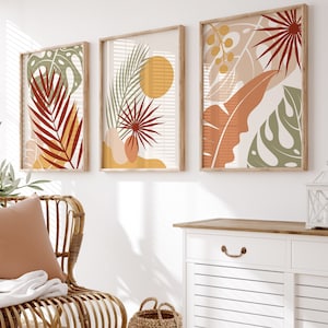 Tropische botanische Wandkunst - Abstrakte Blattdrucke in Terrakotta und Olivgrün | Moderne Boho Jungle Poster für Wohnzimmer oder Schlafzimmer