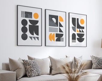 Black & Orange Abstract Wall Art, Geometric Prints, Abstract Wall Prints, Black Orange Wall Decor, Modern Mid Century Art, Set of 3 Posters