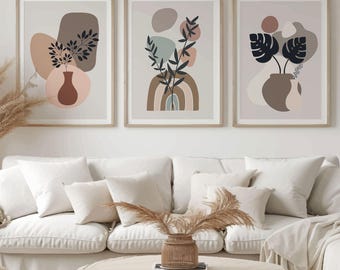 Boho Vase Wall Art Set - Minimalistische abstrakte botanische Drucke in neutralen Tönen