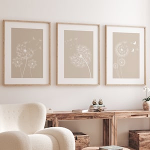 Neutral Beige Wall Prints, Botanical Wall Prints, Plant Wall Art, Dandelion Wall Art, Beige Home Decor, Hand Drawn Plants, Set of 3 Prints