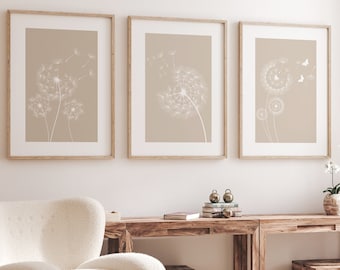Neutral Beige Wall Prints, Botanical Wall Prints, Plant Wall Art, Dandelion Wall Art, Beige Home Decor, Hand Drawn Plants, Set of 3 Prints