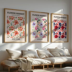 Boho Botanical Wall Art Set of 3 – Neutral Earthy Retro Flowers Prints for Modern Home Decor