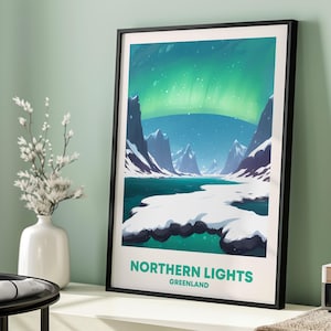 Nordlichter Grönland Wandkunst - Aurora Borealis Arktis Landschaftsdruck, minimalistische Natur Wandkunst, Nordische Reise Dekoration