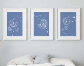 Blue & White Wall Art Prints, Botanical Prints, Dandelion Flower Wall Art, Blue Bedroom Prints, Blue Wall Decor, Set of 3 Prints, Plants Art