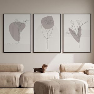Conjunto de estampas botânicas com linhas neutras, 3 pôsteres minimalistas de flores em tons de cinza e cinza, arte de parede com desenho escandinavo contínuo para decoração de casa