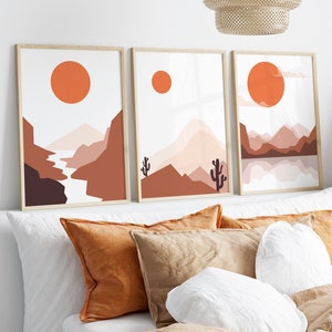 Boho Landscape Wall Art Prints, Nature Wall Art, Nordic Wall Decor, Set of 3 Wall Prints, Scandinavian Art, Terracotta, Orange,Mountains Art