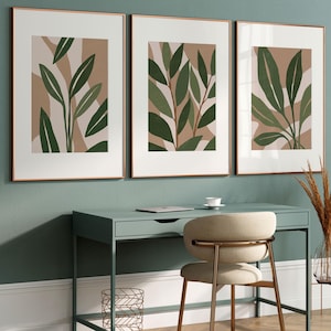 Botanische muurafdrukken, groene en beige muurafdrukken, groene muurdecoratie, woonkamerafdrukken, set van 3 prenten, natuurlijke muurkunst, abstracte kunst