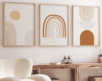 Boho Abstract Set of 3 – Terracotta Arch & Sun Prints, Minimalist Neutral Wall Art