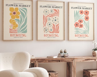 Flower Market Botanical Poster Set of 3 – Vintage Mid-Century Floral Wall Art Prints, Retro Pastel Flowers, Kitchen & Living Room Decor
