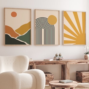 Boho landschap abstracte kunst aan de muur wordt afgedrukt, Scandinavische muurdecoratie, set van 3 posters, Scandinavische muurkunst, groen, mosterd, muurkunst, woondecoratie boho
