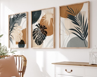 Terracotta Green Botanical Wall Art Print Set | Modern Minimal Leaf Decor | Neutral Contemporary Abstract Artwork for Boho Living Room