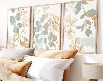 Abstract Botanical Wall Art, Mustard, Sage Green, Botanical Prints, Neutral Wall Prints, Plant Wall Art,Green Bedroom Wall Decor,Boho Prints