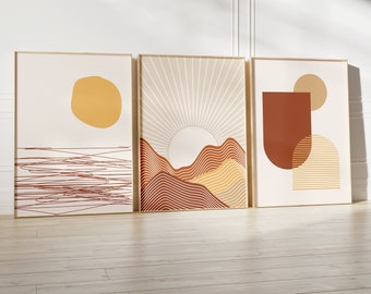 Boho Landscape Abstract Wall Art Prints, Set of 3 Prints, Scandinavian Wall Art, Terracotta, Orange, Mustard,Living Room Boho Wall Art Decor