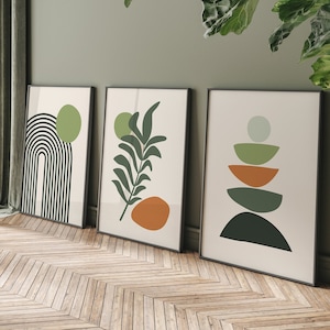 Boho Abstract Wall Art Prints, Boho Wall Decor, Set of 3 Prints, Scandi Art, Mid Century Prints, Sage, Green, Black, Beige, Boho Wall Art