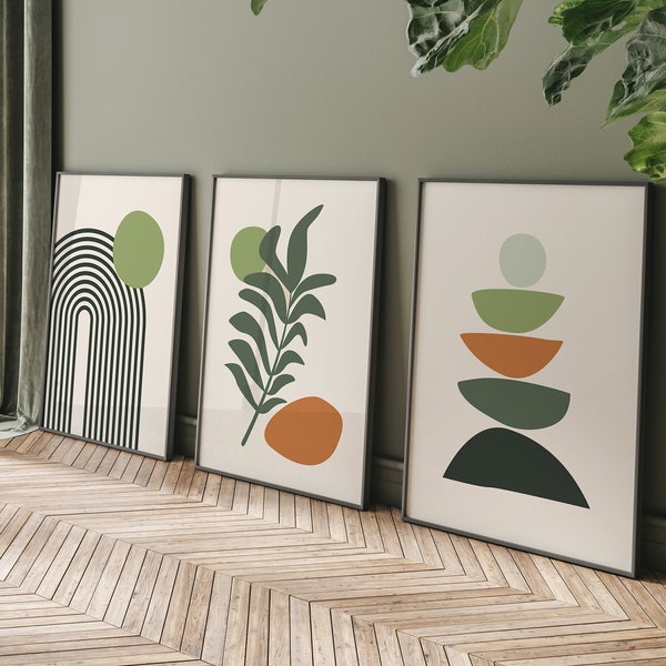 Boho Abstract Wall Art Prints, Boho Wall Decor, Set of 3 Prints, Scandi Art, Mid Century Prints, Sage, Green, Black, Beige, Boho Wall Art