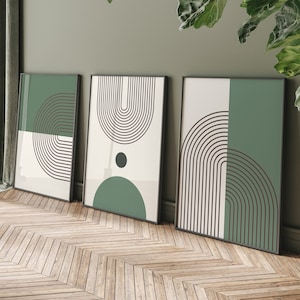 Abstract Wall Art Set: Mid Century Modern Geometric - Green Beige