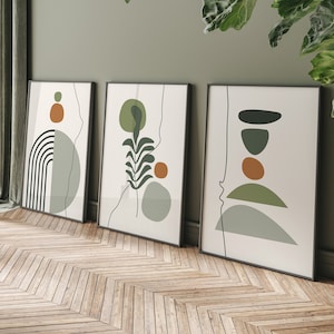 Boho Abstract Wall Art Prints, Boho Wall Decor, Set of 3 Prints, Scandi Art, Mid Century Prints, Sage, Green, Black, Beige, Boho Wall Art