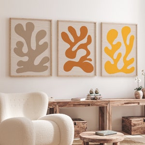 Matisse-Inspired Abstract Wall Art Set of 3 – Neutral Organic Shapes | Minimalist Boho Decor for Living Room or Bedroom