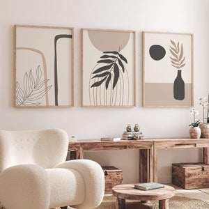 Minimalist Boho Botanical Wall Art Set – Neutral Beige Abstract Plant Prints | Modern Line Art Posters for Living Room & Bedroom Decor