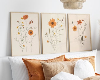 Vintage Botanical Set of 3 – Orange Wildflowers Wall Art, Minimal Floral Prints on Cream