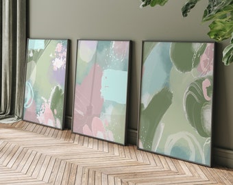 Green Abstract Wall Art Prints, Modern Art, Pastel Print, Brush Strokes, Living Room Prints, Green Wall Art, Set of 3 Prints, Sage and Pink