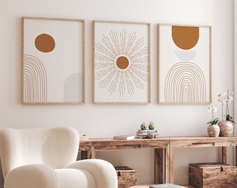 Abstrakt solväggkonstset i terrakotta, minimalistisk boho-dekor, tryck i varma jordfärger, neutrala moderna posters för vardagsrum eller sovrum