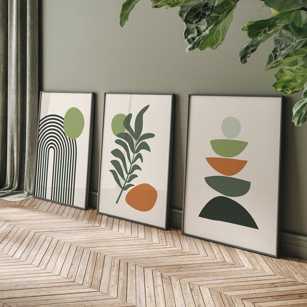 Boho Abstract Wall Art Prints, Boho Wall Decor, Set of 3 Prints, Scandi Art, Mid Century Prints, Sage, Green, Black, Beige, Boho Wall Art