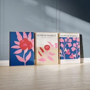 Set van 3 bloemenmarktafdrukken, boho-bloemenkunst, botanische muurafdrukken, woonkamerafdrukken, vintage tentoonstelling moderne kunstafdrukken uit het midden van de eeuw