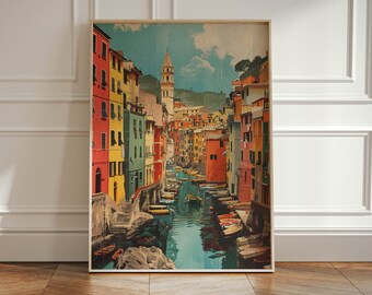 Venice wall art print, vintage Italy travel poster, colorful canal scene, European cityscape wall art, Mediterranean architecture wall print
