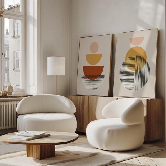 Set of 2 Bauhaus Abstract Wall Art Prints, Geometric Mid Century
