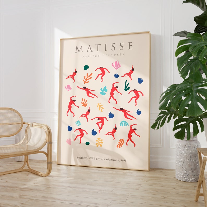Puede incluir: Un p&oacute;ster con una ilustraci&oacute;n colorida de bailarines en rojo, azul, verde y amarillo. El texto "MATISSE PAPIERS DECOUPES BERGGREEN & CIE - Henri Matisse, 1953" est&aacute; en la parte inferior del p&oacute;ster.