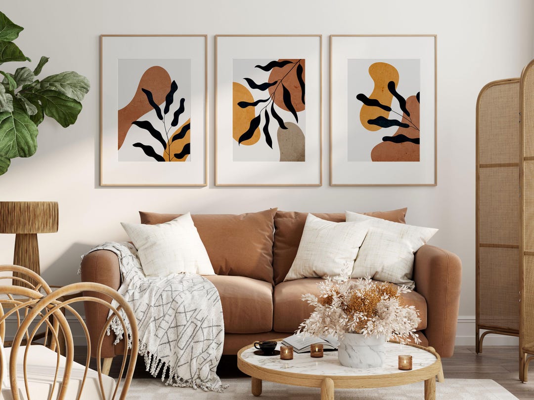 Boho Abstract Botanical Wall Art Set of 3 – Terracotta & Mustard Leaf ...