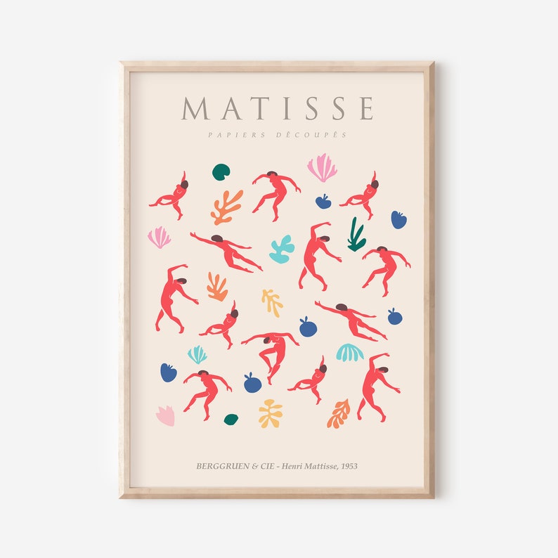Puede incluir: Un p&oacute;ster con fondo beige que presenta un dise&ntilde;o abstracto colorido de figuras rojas bailando con formas verdes, azules y amarillas. El texto "MATISSE PAPIERS DECOUPES" est&aacute; en la parte superior del p&oacute;ster. El texto "BERGGRUEN & CIE - Henri Matisse, 1953" est&aacute; en la parte inferior del p&oacute;ster.