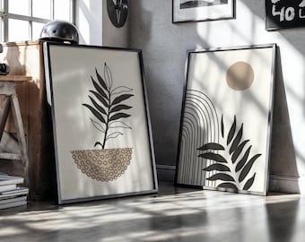 Lot de 2 oeuvres d'art murales abstraites neutres - Impressions modernes au trait beige pour une décoration intérieure minimaliste