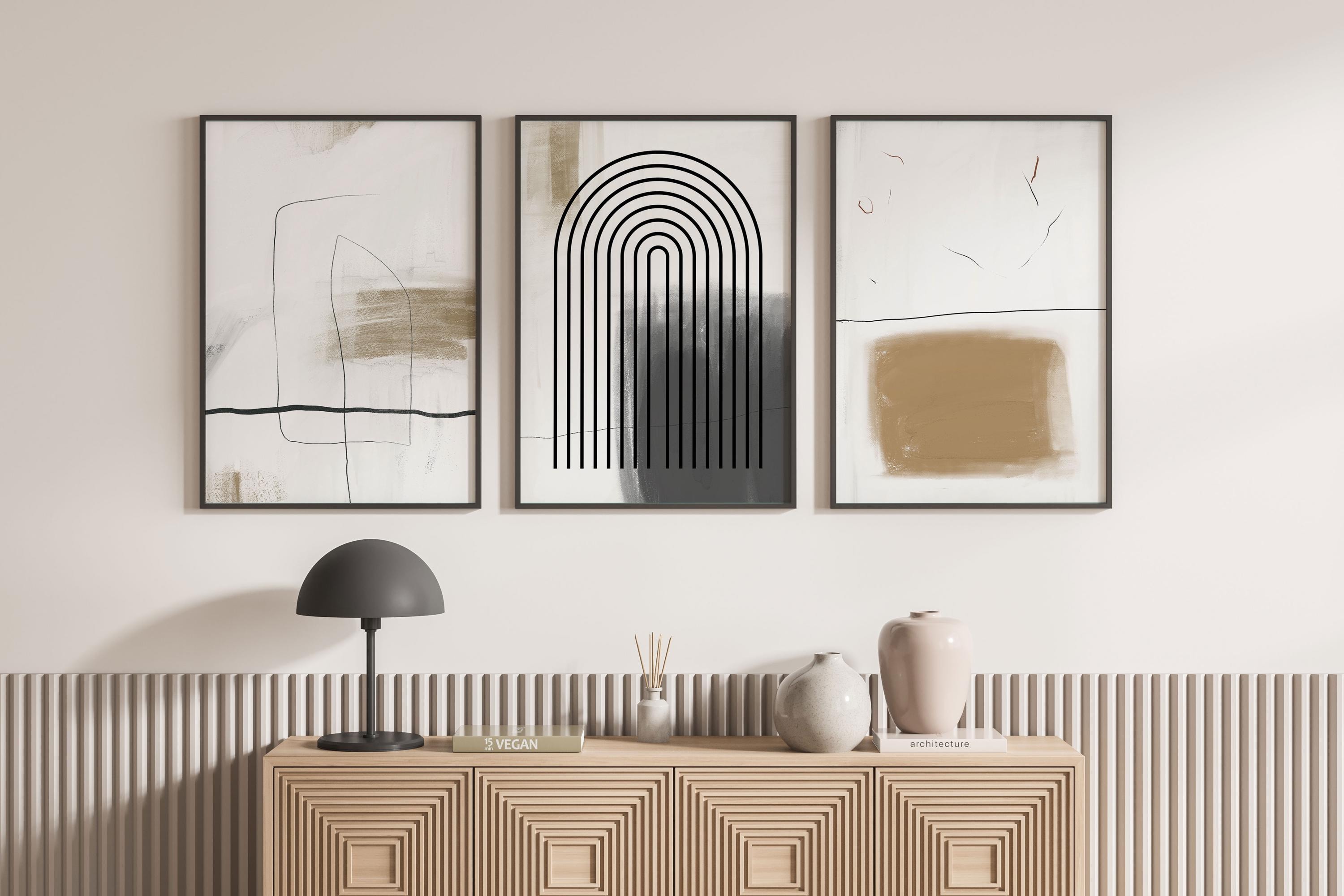 ニュートラルな抽象画ウォールアートセット：ベージュとブラックの