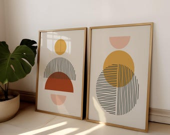 Set of 2 Abstract Geometric Wall Art Prints, Modern Bauhaus Poster Pair