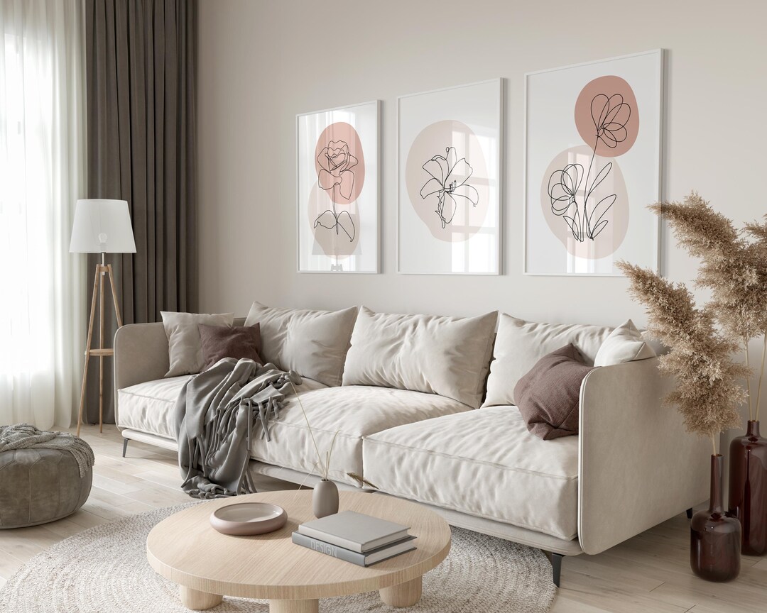 Blush Line Art Flower Print Set – 3 Minimalist Pink & Beige Botanical ...