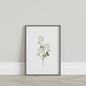 May include: A framed print of a stylised floral design with a white background and green leaves and flowers.