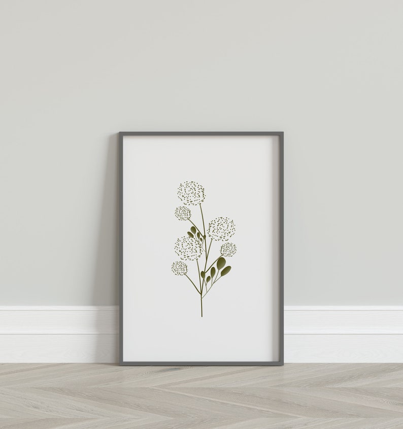 May include: A framed print of a stylised floral design with a white background and green leaves and flowers.