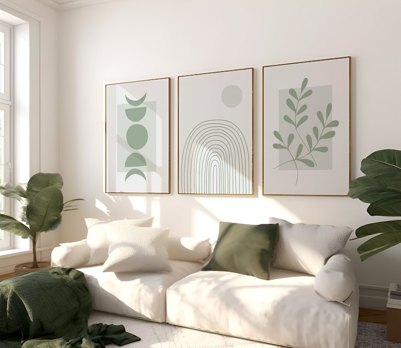 Set di 3 stampe da parete verde salvia, decorazioni da parete astratte boho, stampe da parete con piante, arte botanica, stampe da parete boho, stampe da parete verdi, stampe lineari, decorazioni per la casa immagine 1