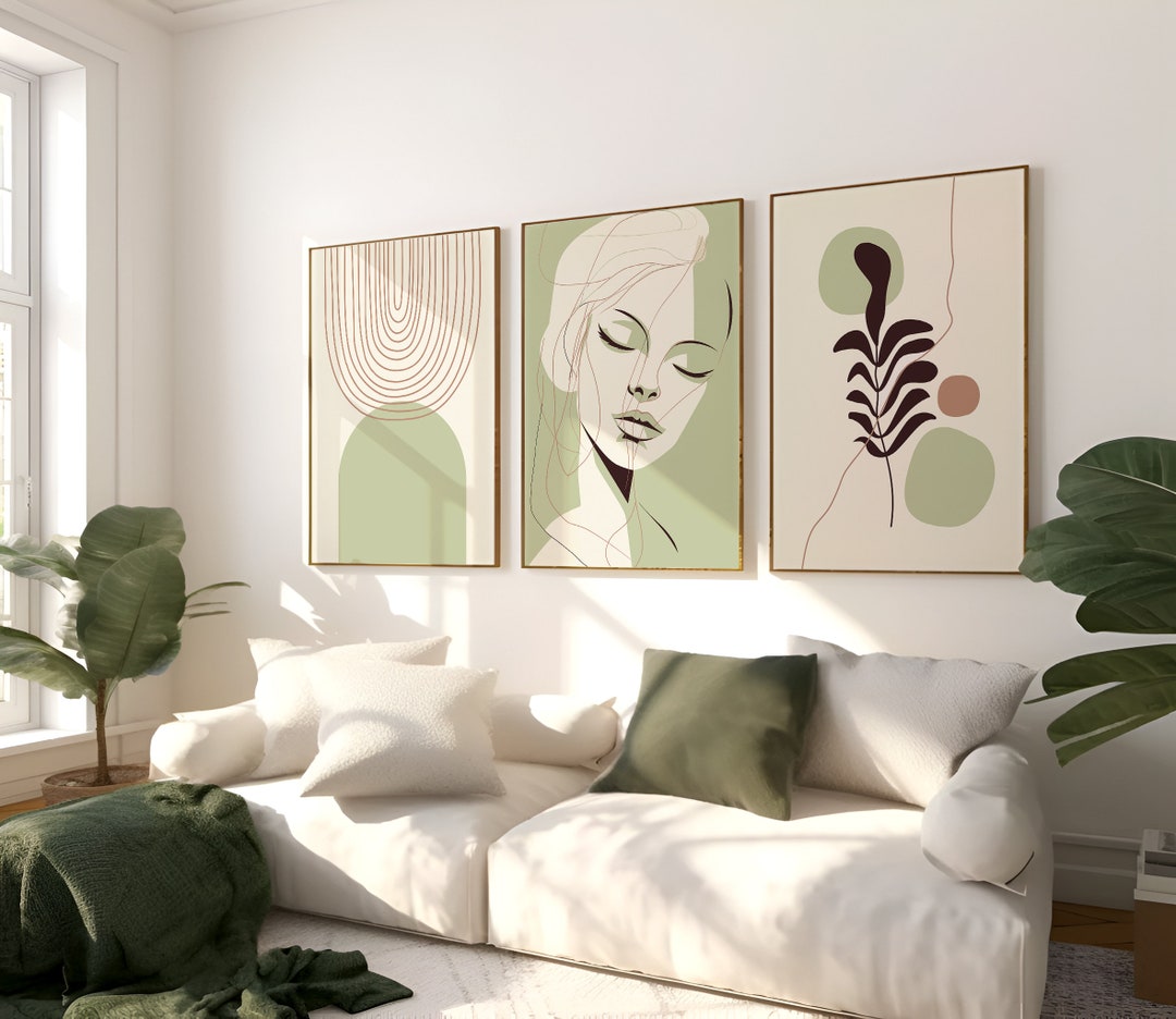 Sage Green Boho Wall Art Set of 3 – Minimalist Line Face, Abstract Arch ...