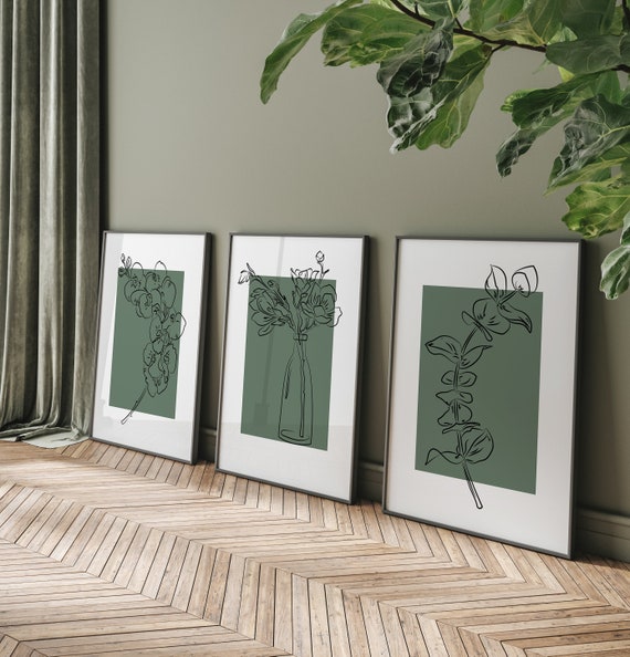 Sage Green Botanical Line Art Set of 3 – Minimalist Floral Prints, Scandi Japandi Decor