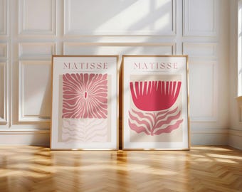 マティス風ウォールアート2点セット、ピンクの抽象的な植物プリント、モダンなリビングルームの寝室の装飾