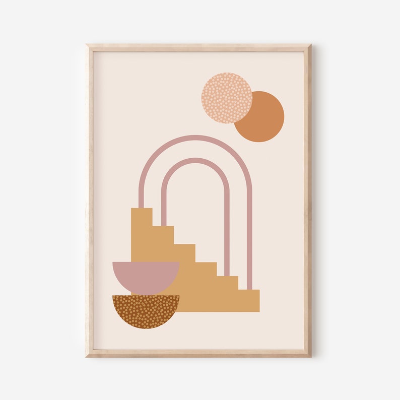 Może przedstawiać: Abstrakcyjny wydruk artystyczny z r&oacute;żowym łukiem, brązowymi i pomarańczowymi k&oacute;łkami oraz ż&oacute;łtymi schodami z r&oacute;żowym p&oacute;łkolem na g&oacute;rze.
