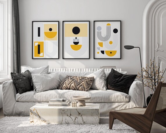 Bauhaus Geometric Set of 3 – Yellow & Grey Abstract Prints