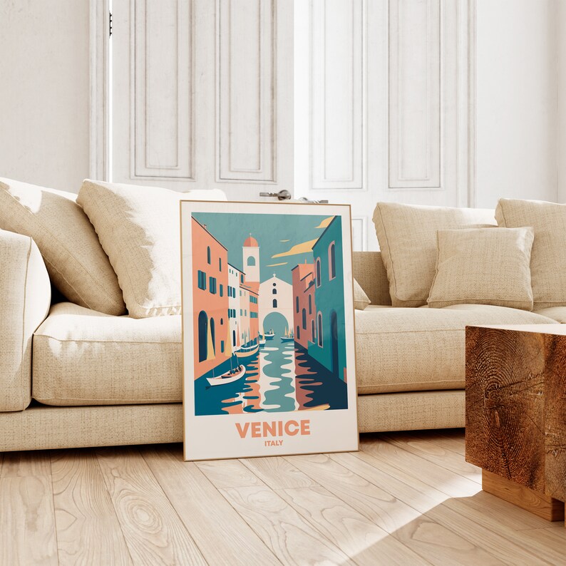 Retro style Venice Italy poster with colorful buildings and gondola on canal, vintage European travel art for home or gallery wall