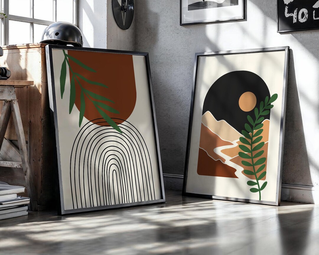Mid Century Abstract Wall Art Set of 2 – Earthy Sun & Botanical Modern ...