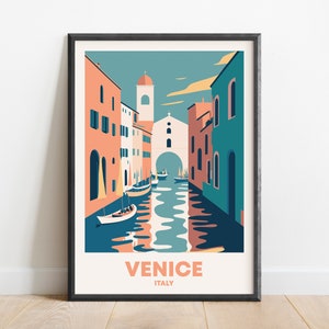 Retro style Venice Italy poster with colorful buildings and gondola on canal, vintage European travel art for home or gallery wall